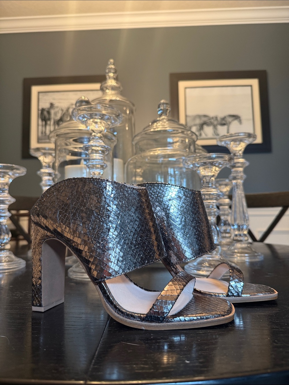 NWOB 42 Gold Metallic Snake-Embossed High Heel Mule - Silver/Bronze Sz 9